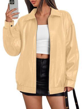 Women’s Khaki Oversized Faux Leather Motorcycle Moto Biker Jacket